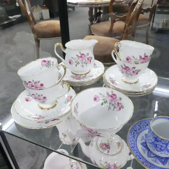 4 SHELLEY CHINA CSPS & MATCHING CREAM /S PINK ROSE PAT 