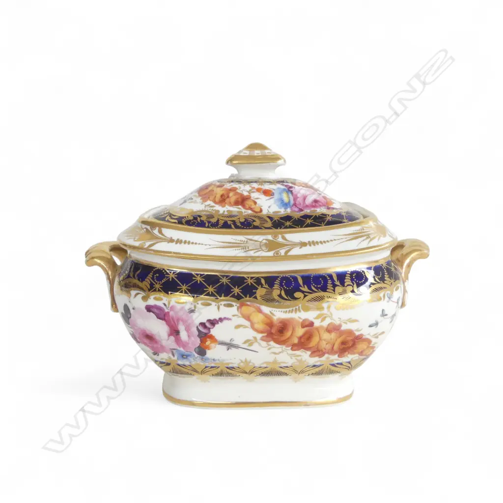 19thC POSSIBLY COALPORT LIDDED SUGAR BOX painted floral swags & birds. Gilded. L.165mm Image 1++