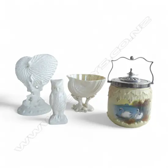 4 PCES CHINA; BELLEEK OWL H.135mm & SHELL COMPORT, ROYAL WORCESTER NAUTILUS VASE, LOCKE & CO BISCUIT BARREL
