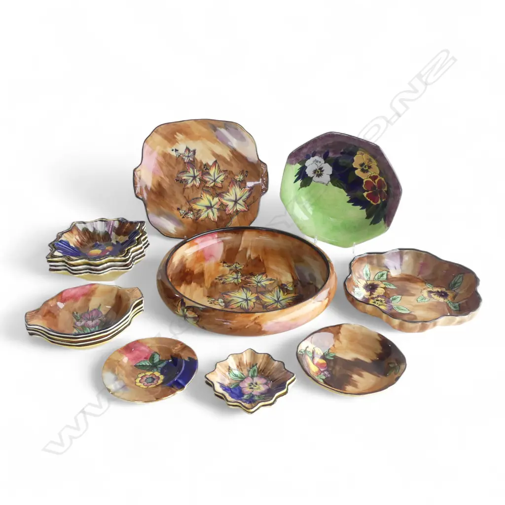 17 PCES TUNSTALL CHINA; VIOLA, IRIS, FANTASY, AUTUMN TINTS ETC, LARGEST 290mm dia Image 1++