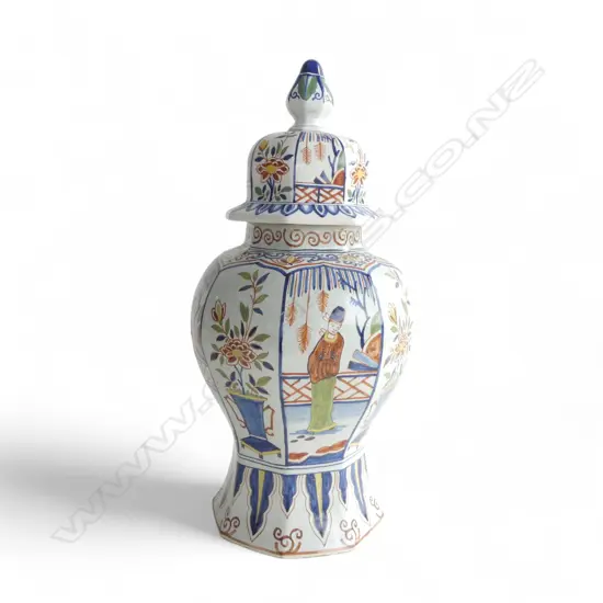 DUTCH BALUSTER VASE & COVER tin glaze decoration H.450mm