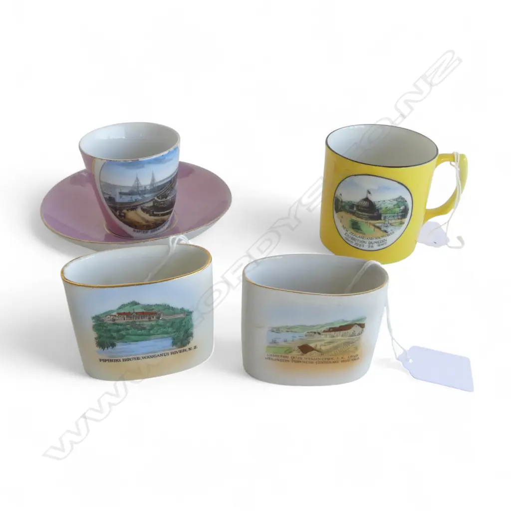 4 PCES. N.Z. SOUVENIR CHINA; LAMBTON QUAY, PIPIRIKI HOUSE WANGANUI, NAPIER BREAKWATER & DUNEDIN EXHIBITION 1925-26 Image 1++