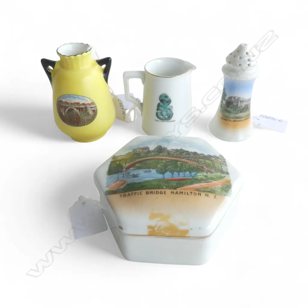 4 PCES. N.Z. SOUVENIR CHINA; GLOW WORM WAITOMO CAVES, TRAFFIC BRIDGE HAMILTON, AUCKLAND DOMAIN & GRAFTON BRIDGE Image 1++