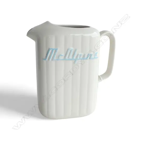 CROWN LYNN MCALPINE JUG WHITE w. BLUE LETTERING H.210mm