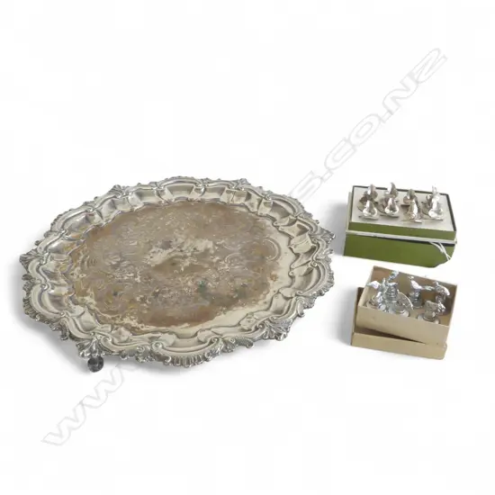 SHEFFIELD PLATE DRINKS TRAY DIA370MM & 2 EP SETS PLACE SETTING MARKERS