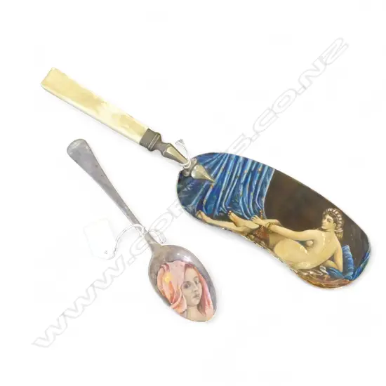 CAROLYN MCCONDACH A PAINTED SILVER SPOON & ANTIQUE CRUMB CATCHER WITH HAND PAINTING AFTER INGRES 