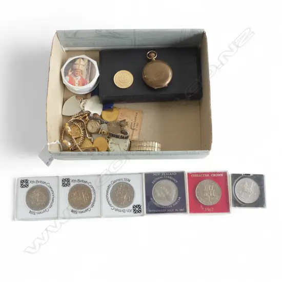 ASST. COMMEMORATIVE COINS, MASONIC MEDALS, VINTAGE WATCHES & PLATED WATCH CASE