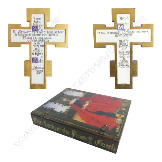 CAROLINE MCCONDACH TWO HAND PAINTED CRUCIFIXES AND A DECORATIVE BOOK SHAPED BOX