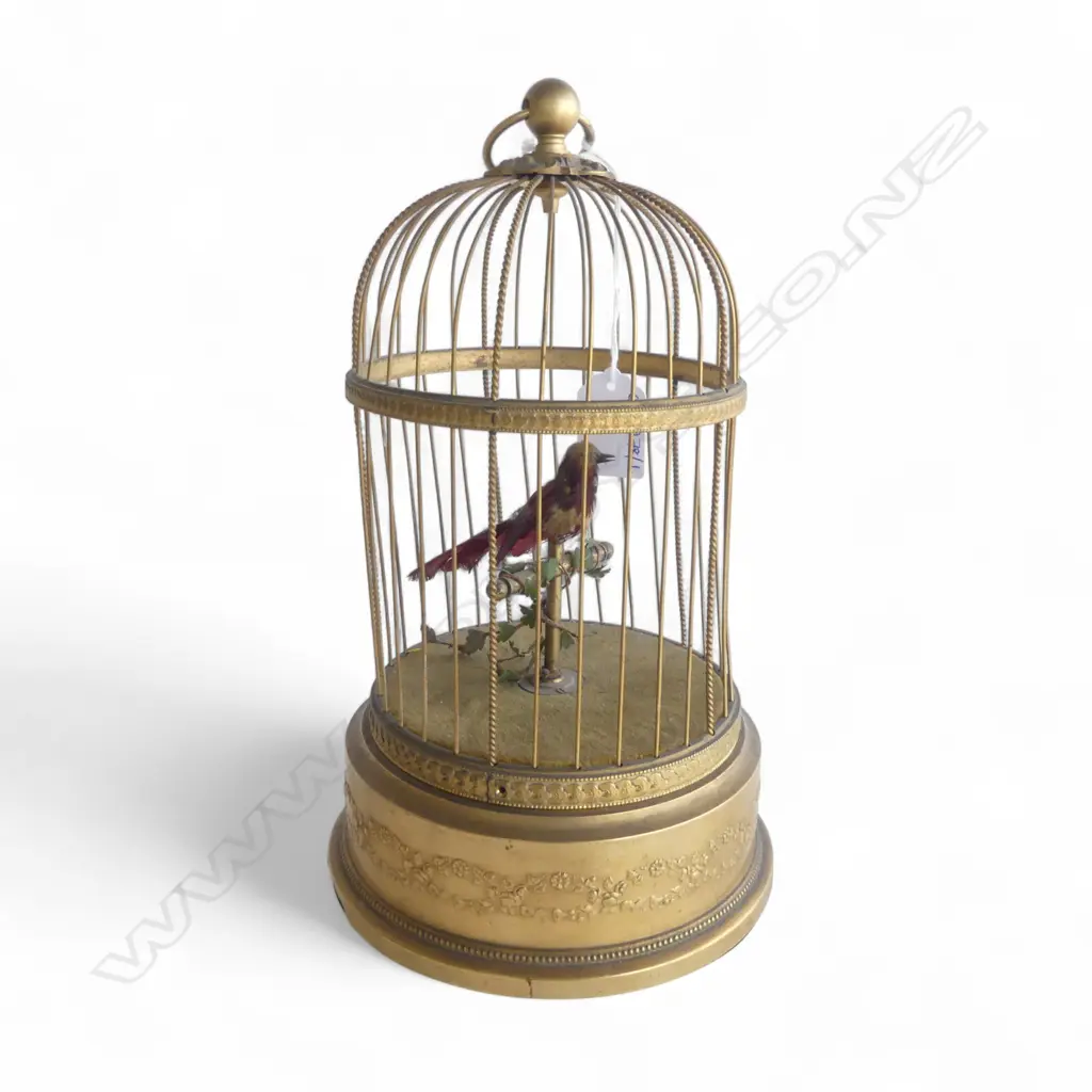 ANTIQUE FRENCH GILDED CAGED CLOCKWORK BIRD - FLAPS TAIL, MOVES BEAK & HEAD BUT NO SOUND H.270mm Image 1++