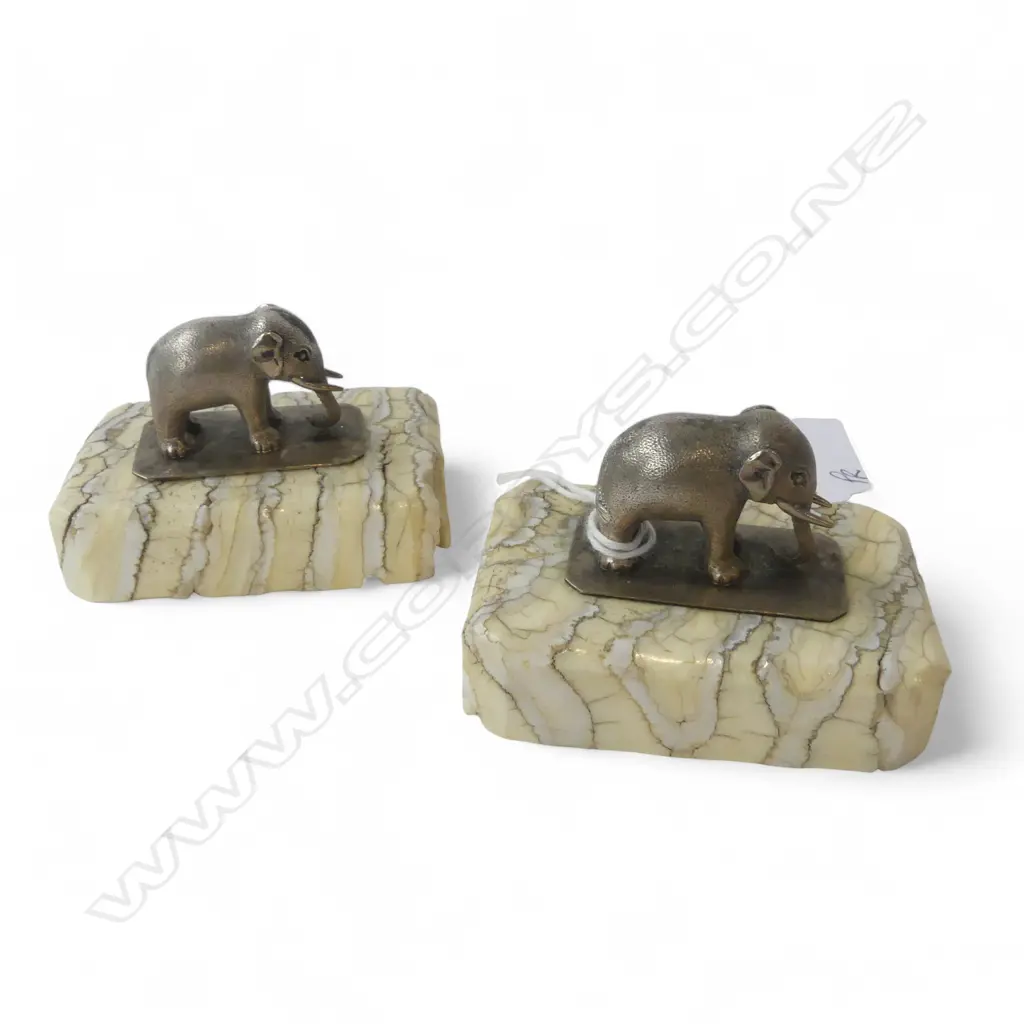 PAIR SMALL SILVER PLATE SCULPTED ELEPHANTS EACH ON ELEPHANT MOLAR SLAB BASE. L.65MM Image 1++