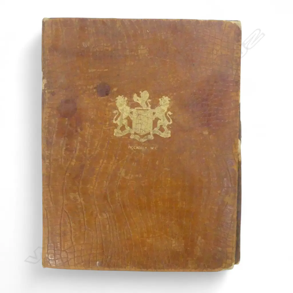 VINTAGE 'RITZ HOTEL PICCADILLY LONDON' LEATHER WRITING FOLDER with gilt Coat of Arms 320 x 250mm showing age Image 1++