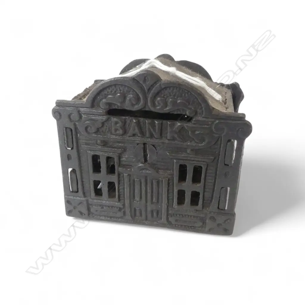 OLD CAST IRON'BANK' STILL MONEY BANK. 2 piece with slot to top. W75mm. Image 1++