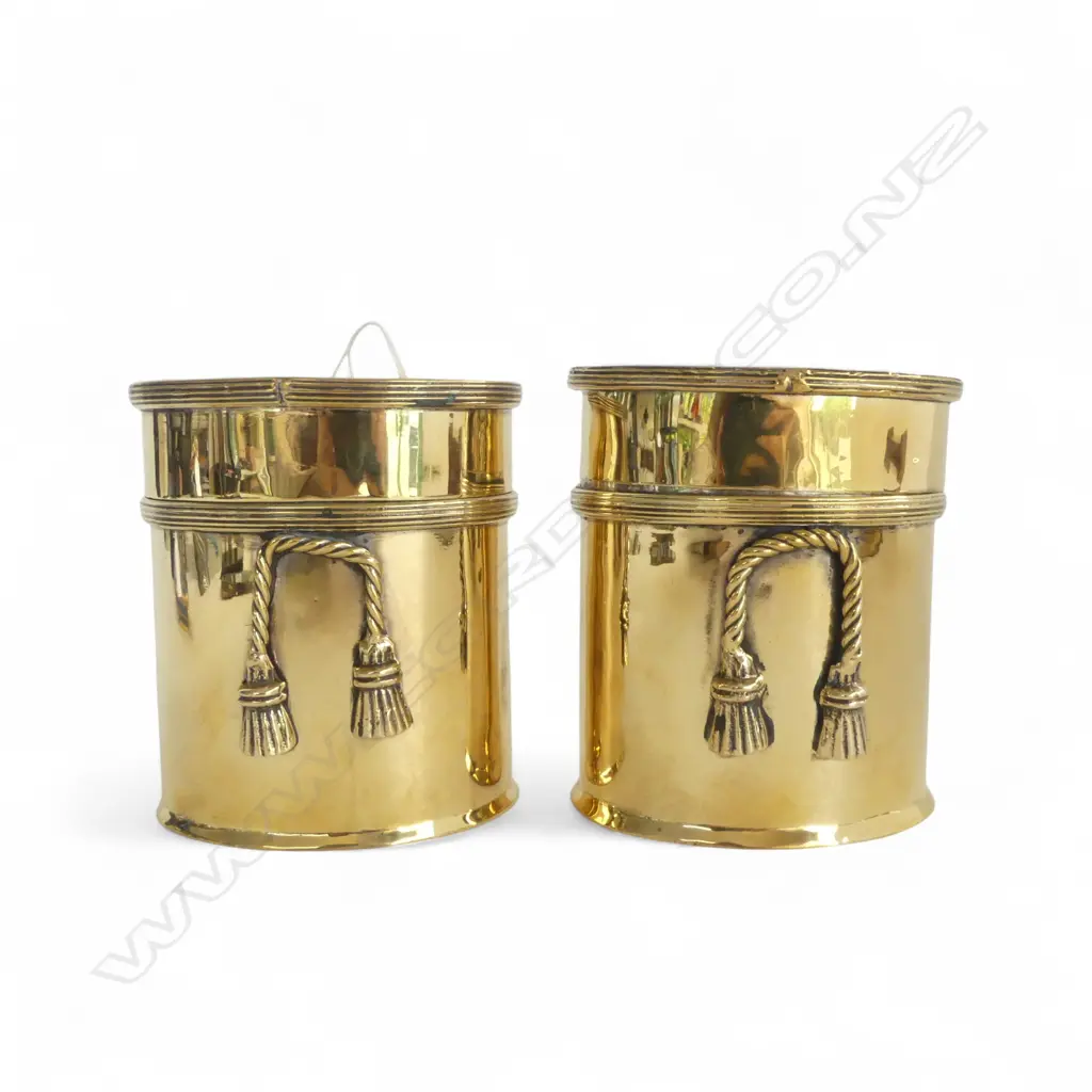 PR BRASS LIDDED TEA CADDIES single applied cast tassel form handle to each. H.110mm. Image 1++