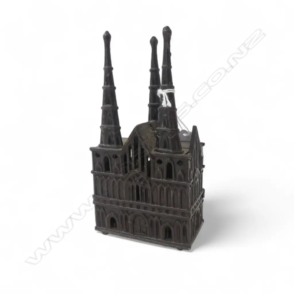 Victorian cast iron still money bank as Lichfield Cathedral. Original bronzed finish. H.160mm. Image 1++