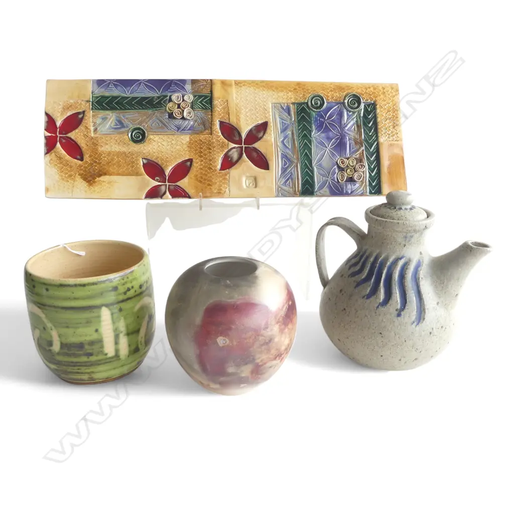 4 PCES STUDIO POTTERY; PLAQUE 465x155mm, LAWRENCE EWING POT H.125mm, VASE, TEAPOT Image 1++