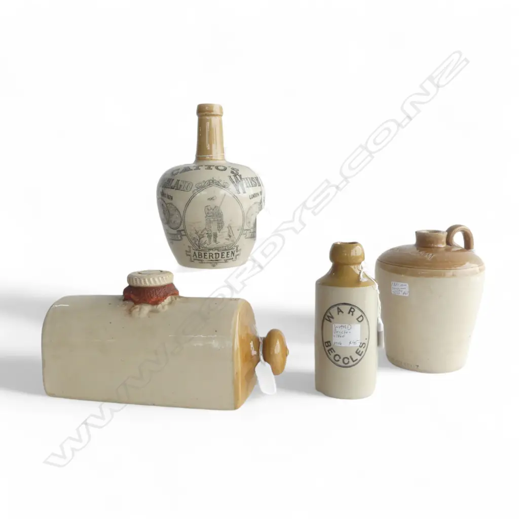 4 PCS VICTORIAN STONEWARE; MUFF WARMER, 2 WHISKEY CROCKS & WARD BECCLES BOTTLE  Image 1++