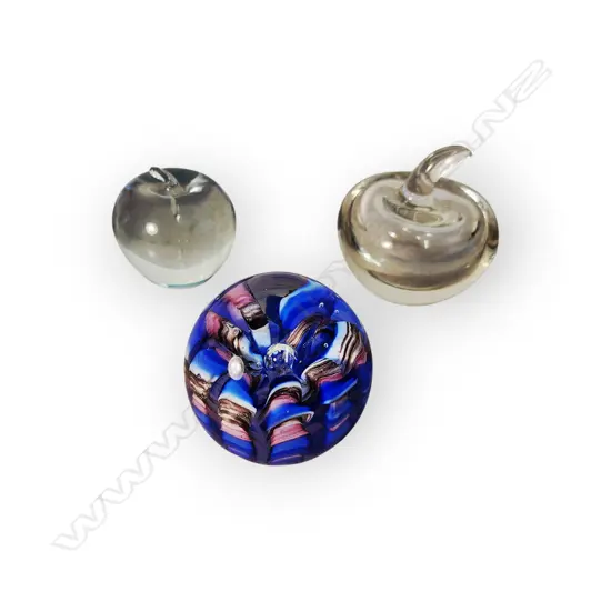 PINK AND BLUE-RIBBON PAPERWEIGHT PLUS VINTAGE GLASS CLEAR APPLE PAPERWEIGHT