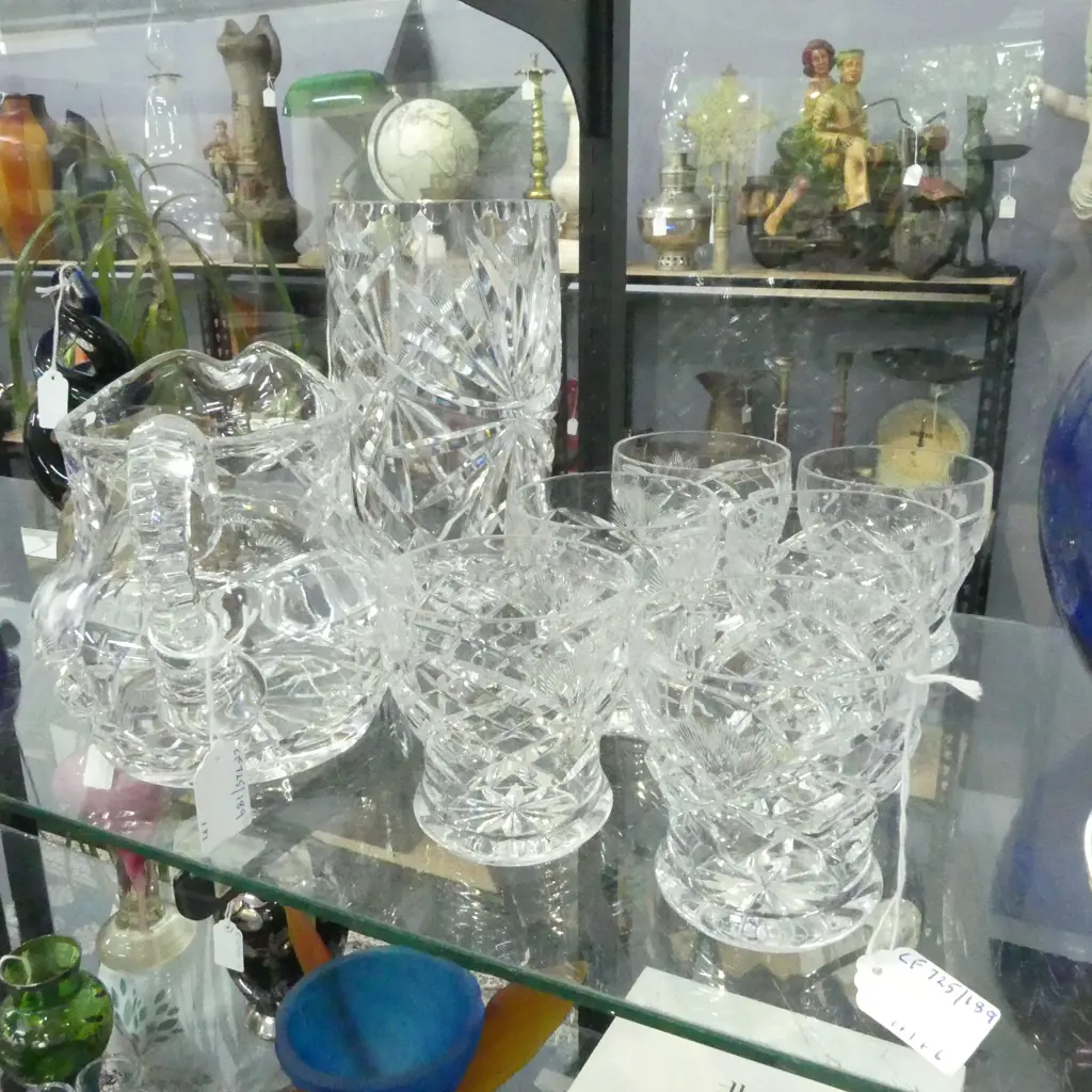 CUT CRYSTAL VASE H215MM MATCHING CRYSTAL JUG H160 & 6 LARGE WISKEY GLASSES Image 1++