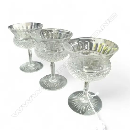 SET 3 CUT GLASS CHAMPAGNE GLASSES thistle shaped notch cut bowls