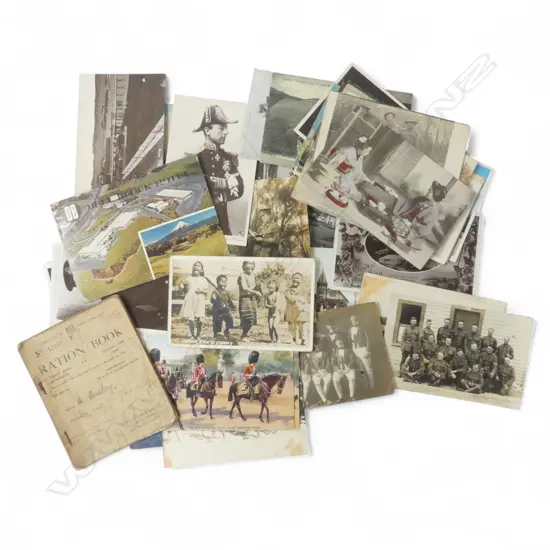 COLLECTION APPROX. 40 MAINLY NZ POSTCARDS + 2 1942 RATION BOOKS. Cards include: Maori + military + NZ etc