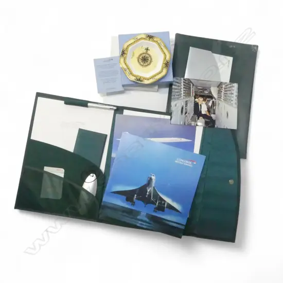 2 CONCORDE PLANE FOLDERS given when on board + paperwork etc + 2 x Wedgwood boxed 'Concorde' dishes