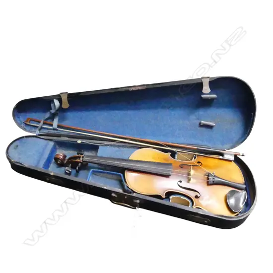 OLD LATE 19THC VIOLIN STRAD COPY WITH BOW IN ORIGINAL 'COFFIN' CASE 770mm