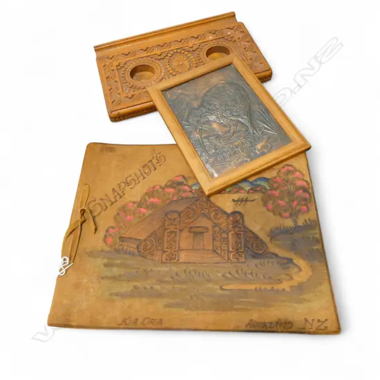 CHIP CARVED DESK STAND (no ink bottles), VINTAGE FRAMED EMBOSSED KIWI & VINTAGE KIA ORA AUCKLAND SNAPSHOTS BOOK