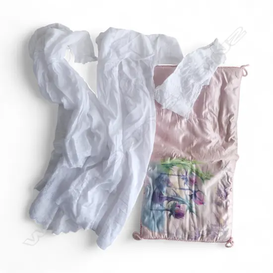 2 vintage cotton child's gown + shoulder blouse + Scottish decorated 'Gelle Freres Paris' table cushion