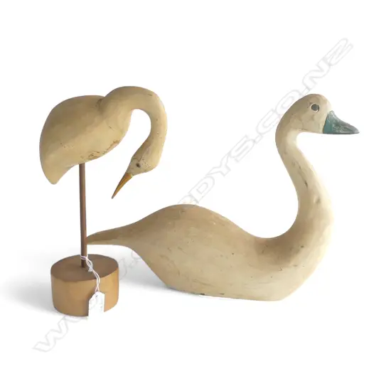 2 WOODEN DUCK DECOYS, 1 ON STAND H.300mm
