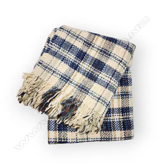 VINTAGE WOOLLEN BLANKET, MASTERWEAVE TEXTILES NZ, BLUE, NAVY & CREAM