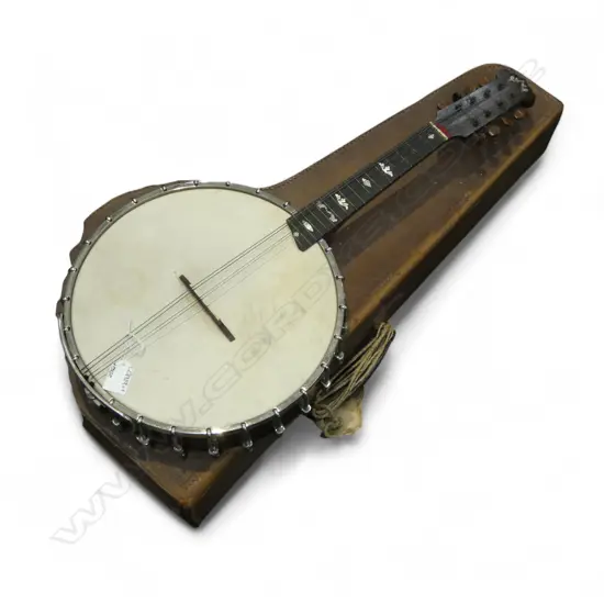 CLIFFORD ESSEX Co. BANJO mop inlay IN OLD LEATHER CASE strings loose