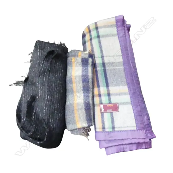 3 BLANKETS; 2 WOOL, 1 BLACK MOHAIR