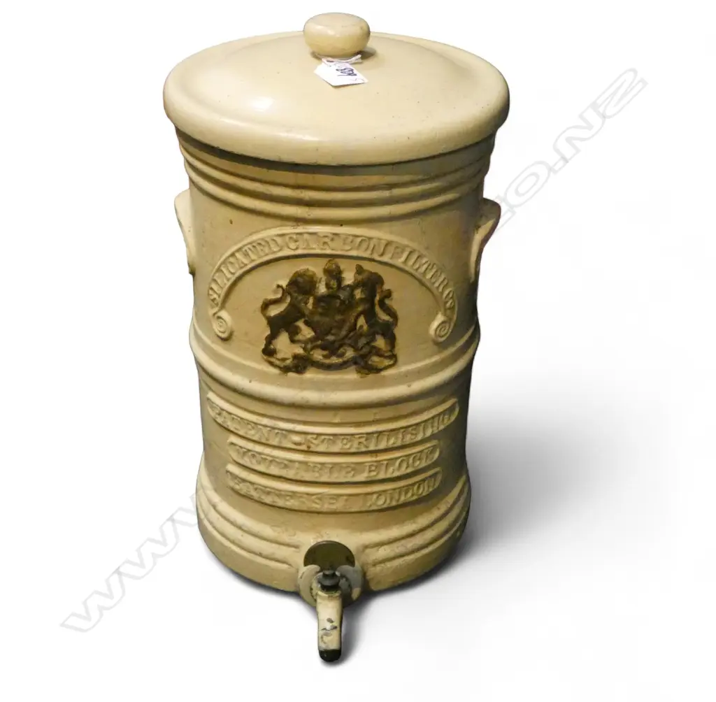 OLD BETTERSEA STONEWARE SILICON WATER FILTER, WITH ORIG INSERT BUT WOODEN LID H. 430mm Image 1++