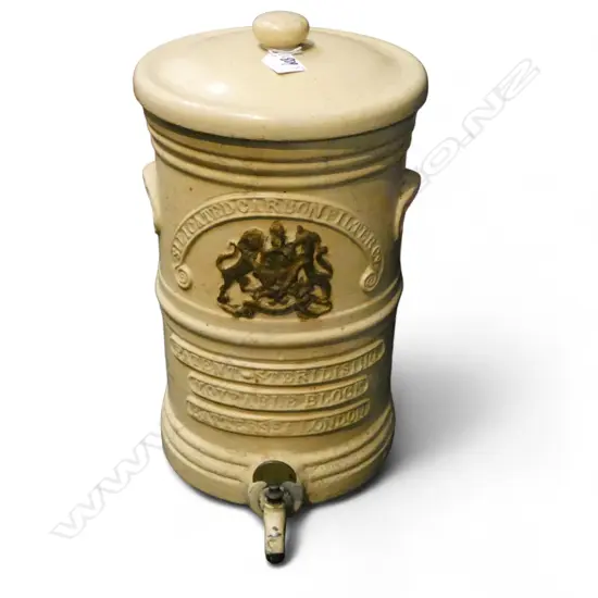 OLD BETTERSEA STONEWARE SILICON WATER FILTER, WITH ORIG INSERT BUT WOODEN LID H. 430mm