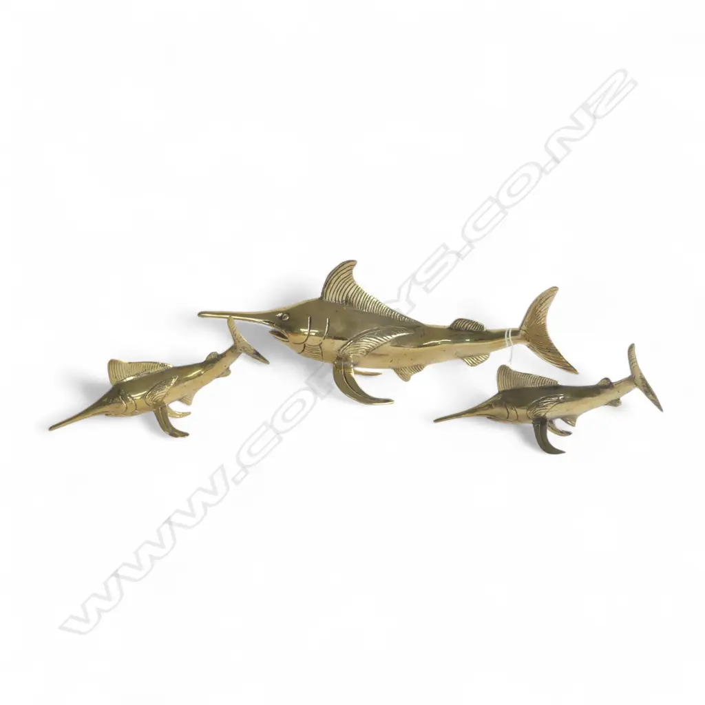 GRADUATED SET OF 3 BRASS BILL FISH ORNAMENTS L.300mm Image 1++