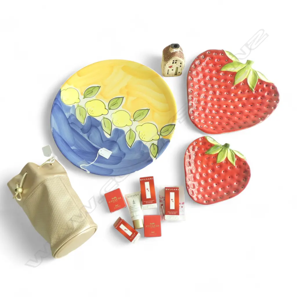 THREE DECORATIVE PLATES (all sml chips), POTTERY HOUSE VASE & BVLGARI VANITY BAG & CONTENTS Image 1++