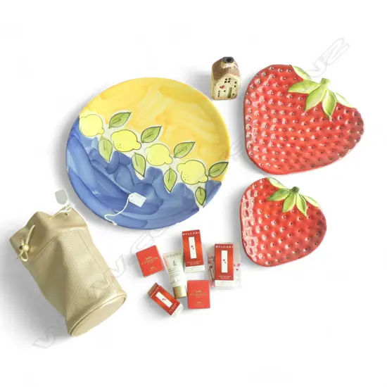 THREE DECORATIVE PLATES (all sml chips), POTTERY HOUSE VASE & BVLGARI VANITY BAG & CONTENTS