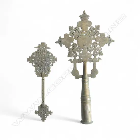 2 OLD SILVERED BRASS CRUCIFORM RELIGOUS ITEMS: staff head + hand held crucifix. L's.360 & 260mm