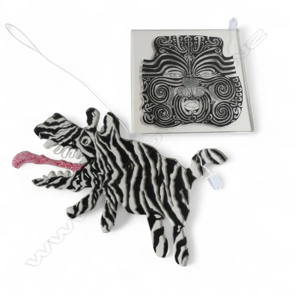 TWO DECORATIVE PERSPEX PANELS, ONE PAINTED AND ETCHED DESIGN OF A MAORI FULL FACE MOKO AND ONE PANTING DOG Image 1++