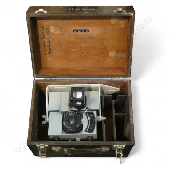 AUTOMATIC DIAL RECORDING CAMERA BY D. SHACKMAN & SONS IN WOODEN CASE W.340mm