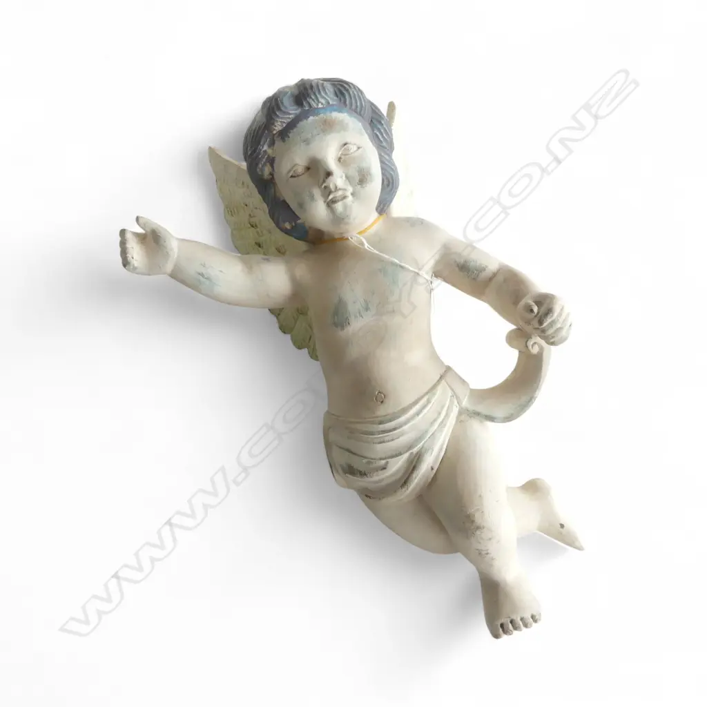A SCULPTURAL CARVED AND PAINTED WOODEN WINGED CHERUB WALL HANGING 400mm (h) Image 1++
