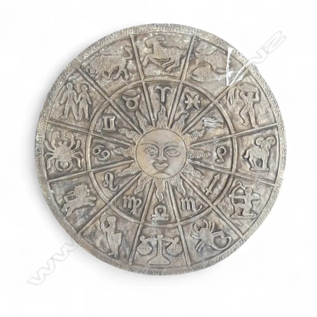 A DECORATIVE METAL OUTDOOR WALL PLAQUE FEATURING SIGNS OF THE ZODIAC 400MM (DIA) Image 1++