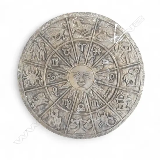 A DECORATIVE METAL OUTDOOR WALL PLAQUE FEATURING SIGNS OF THE ZODIAC 400MM (DIA)