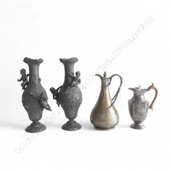 PR SPELTER VASES H.340mm + 2 EP JUGS