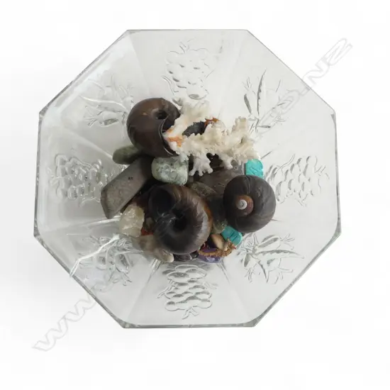 GLASS BOWL w. ASST. MINERALS, CORAL, STONES etc