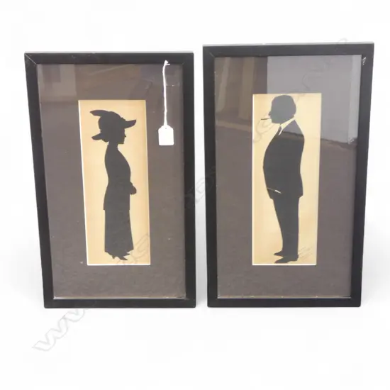 PR EDWARDIAN BLACK PAPER SILHOUETTES - MAN & WOMAN, FRAMED 320x110mm