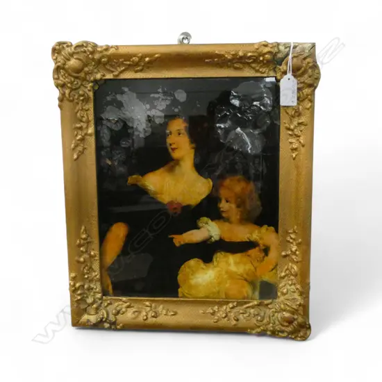 REGENCY PORTRAIT of MOTHER & DAUGHTER, REVERSE PAINTED MEZZOTINT on GLASS, 280 x 230mm, damaged