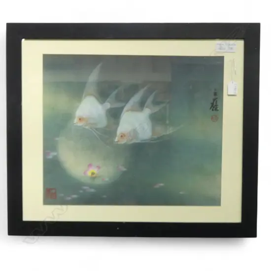 VINTAGE CHINESE Watercolour 2 fish & flower by Zhang Li Xiong 400 x 470mm