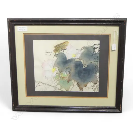 VINTAGE CHINESE Watercolour 2 locusts on leaves & flowers by Yang Shan Sum 300 x 365mm