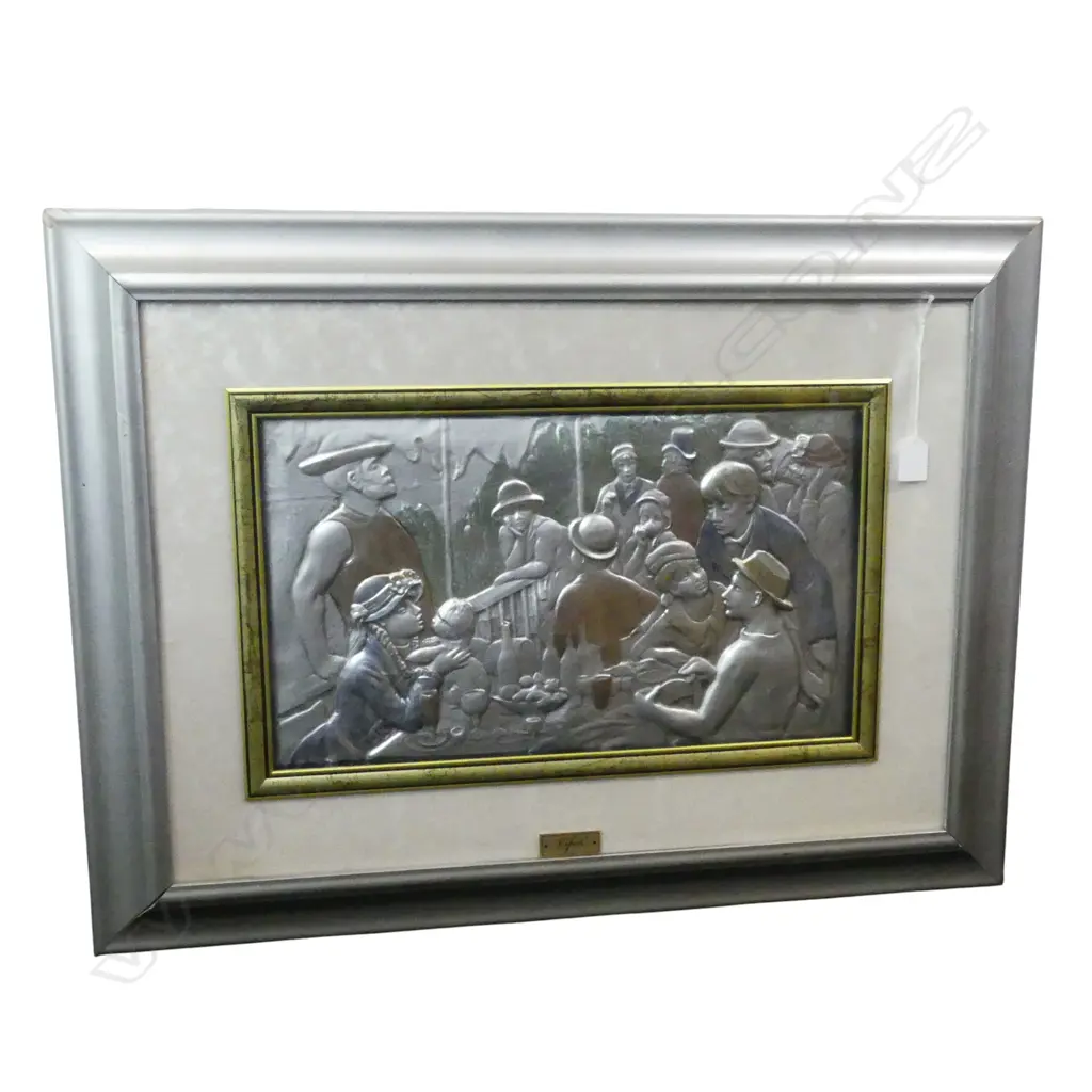 ITALIAN CREAZIONI ARTISTICHE EMBOSSED SILVER METAL ARTWORK AFTER RENOIR RENOIR LUNCHEON OF THE BOATING PARTY 275x470mm Image 1++
